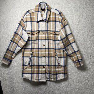 Dickies Women's Plaid Flannel Shacket Beige Blue Button Size Small NWOT